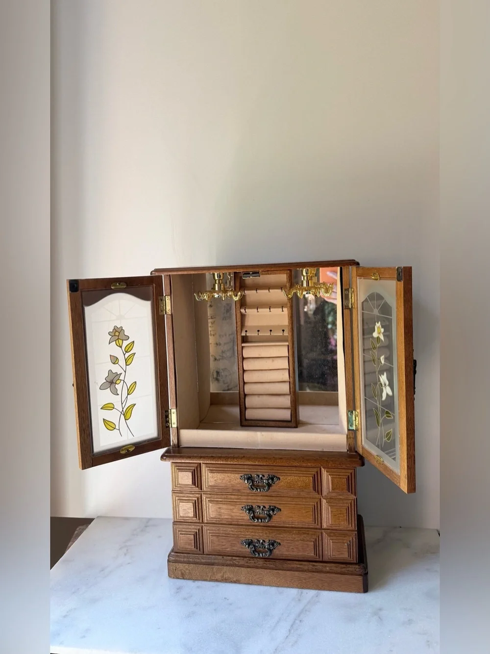 Vintage Wooden Jewelry Armoire with Floral Glass Doors